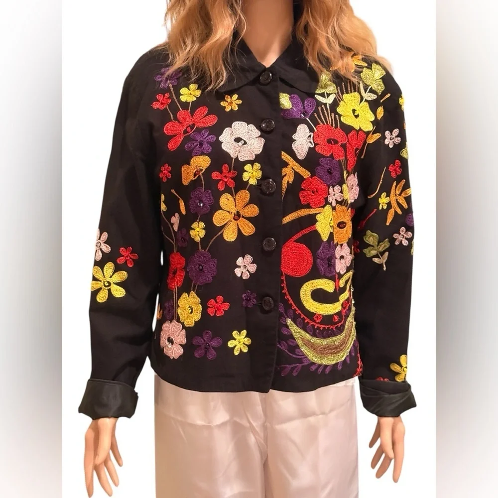 ANAGE Embroidered Floral Cotton Jacket Shirt | Size M